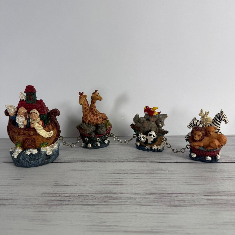 Vintage Noahs Ark Figurine‎ Set 4 Piece Resin Animal Boat Chain Linked Decor